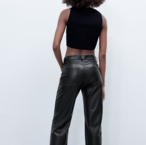 Zara pants leather faux  straight leg black womens high waisted 5 Pockets zip - Picture 7 of 16